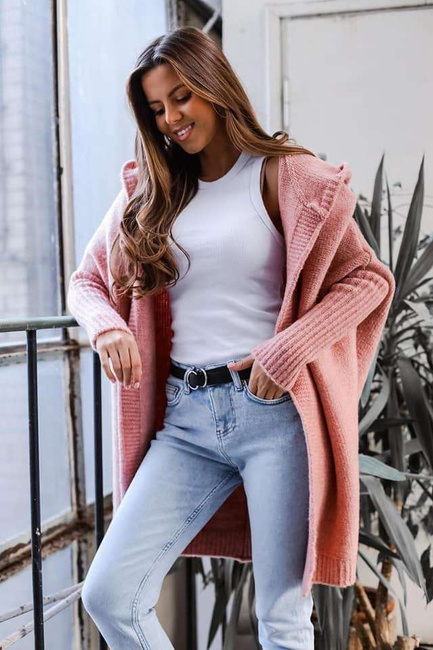 Sweter kardigan Me Gusta z kapturem brudny róż