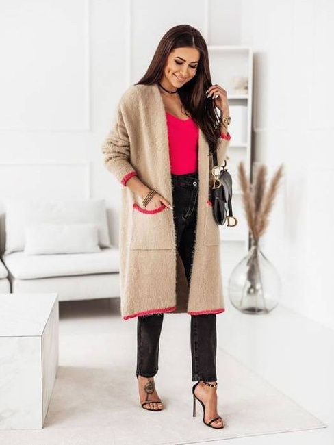 Długa narzutka sweter Cocomore kardigan z kieszeniami i długim rękawem beż