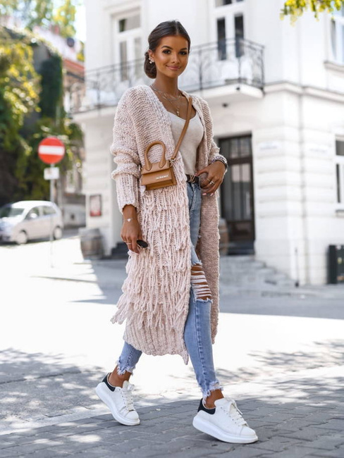 Cocomore swetry Długi sweter damski z frędzlami do połowy jasny róż