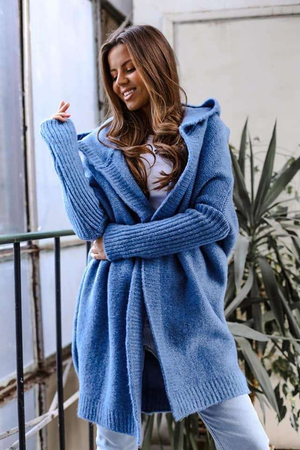 Sweter kardigan Me Gusta z kapturem niebieski