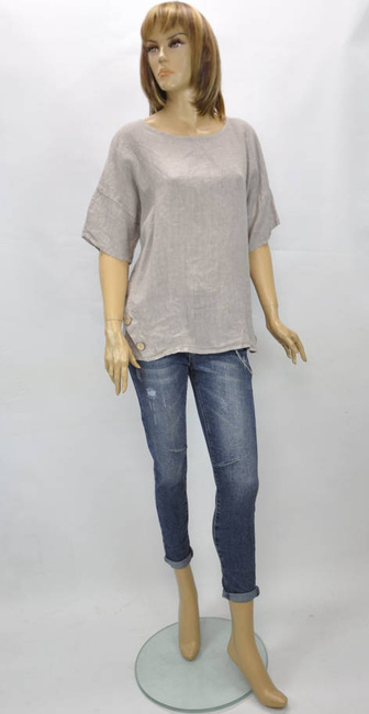 Import włoska Letnia lniana bluzka damska po bokach ozdobiona guzikami beż