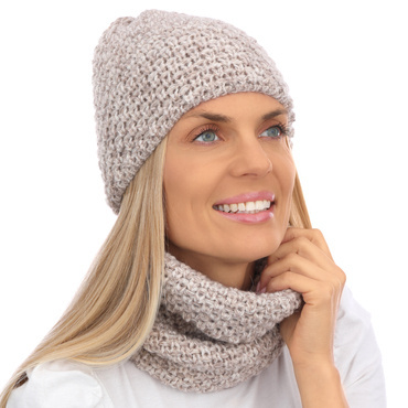 Mikos ciepły komplet damski czapka zimowa podszyta polarem komin szalik tuba tunel gruby na zimę na narty na ferie na wyjazd polski produkt polski producent 690  beż melanż