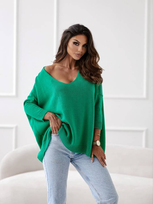 Luźny sweter damski w serek Me Gusta zielony