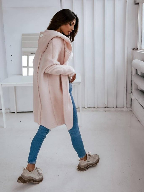 Sweter kardigan Me Gusta z kapturem jasny róż