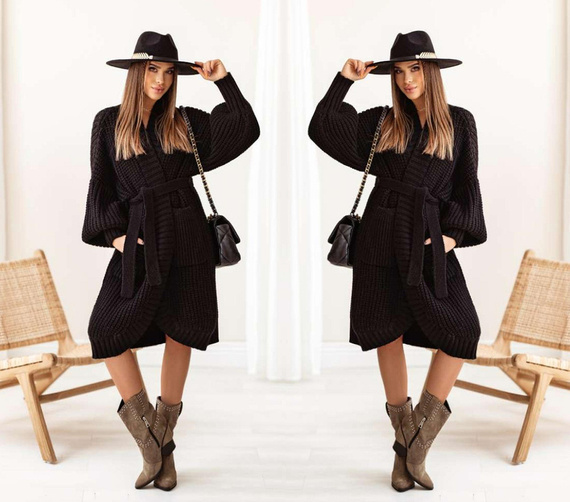 Długi sweter kardigan Cocomore wiązany paskiem czarny