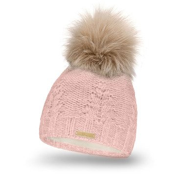 Mikos  Polska ciepła Damska czapka zimowa  w warkocze gruby splot wełna podwójna  podszyta polarem z dużym pomponem polski producent polski produkt 688 róż