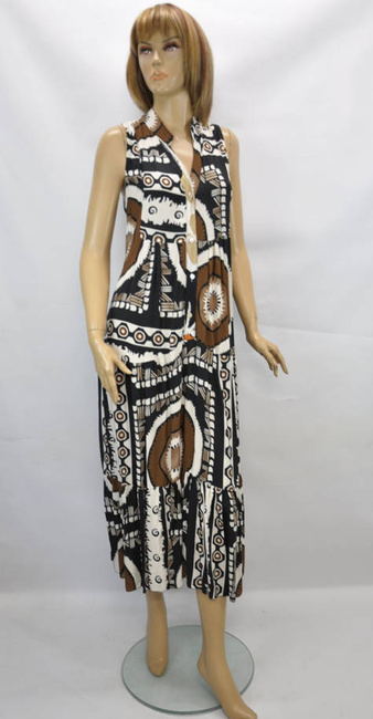 Import włoska długa sukienka letnia zapinana na guziczki dekolt V biało czarno brązowa