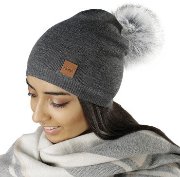 Mikos Damen Frauen Strickmütze Mütze | Herbst Winter | Beanie Mit Kunstfellbommel | Kristalle Kiesel mit Pelz Bommel Pompon (660)