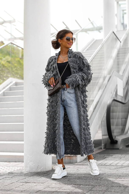 Cocomore swetry Długi sweter damski z frędzlami Cocomore ciemnoszary