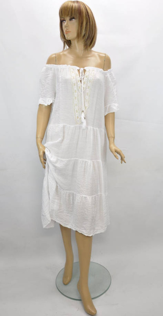 Import Włoska sukienki damska Sukienka lniana hiszpanka na lato za kolano wiązany dekolt biała z lnu