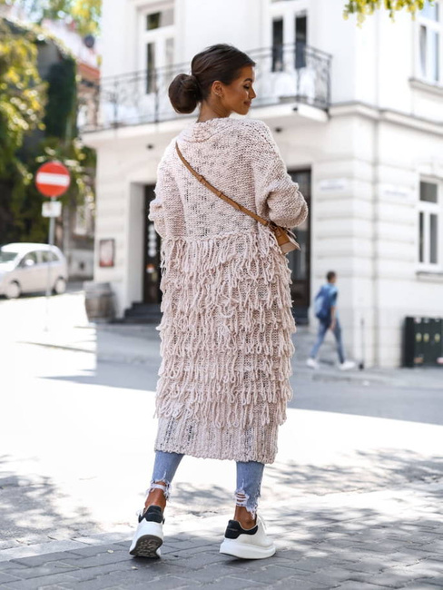 Cocomore swetry Długi sweter damski z frędzlami do połowy jasny róż