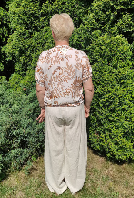 Import Włochy Moda Italia komplet bluzka + spodnie 100% bawełna zwiewne szeroka nogawka z paskiem kolor jasny beż