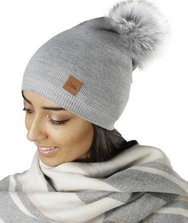 Mikos Damen Frauen Strickmütze Mütze | Herbst Winter | Beanie Mit Kunstfellbommel | Kristalle Kiesel mit Pelz Bommel Pompon (660)