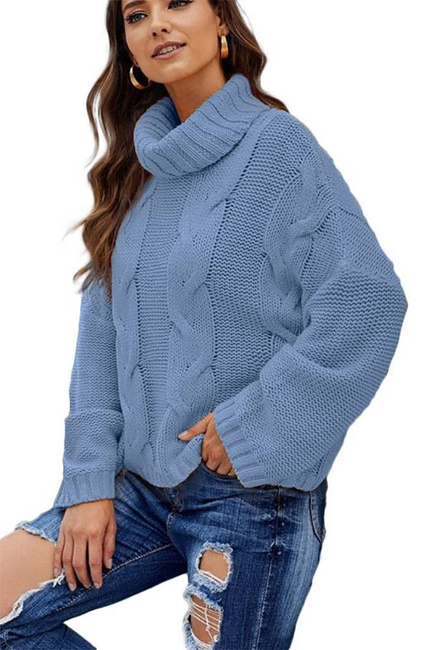 Mikos ciepły luźny sweter damski w warkocz z golfem 692 jeans