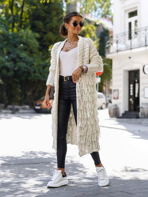 Cocomore swetry Długi sweter damski z frędzlami do połowy beż