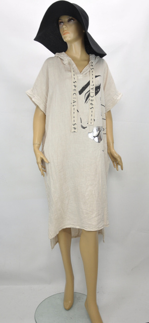 Letnia sukienka lniana z kapturem i kieszeniami beż