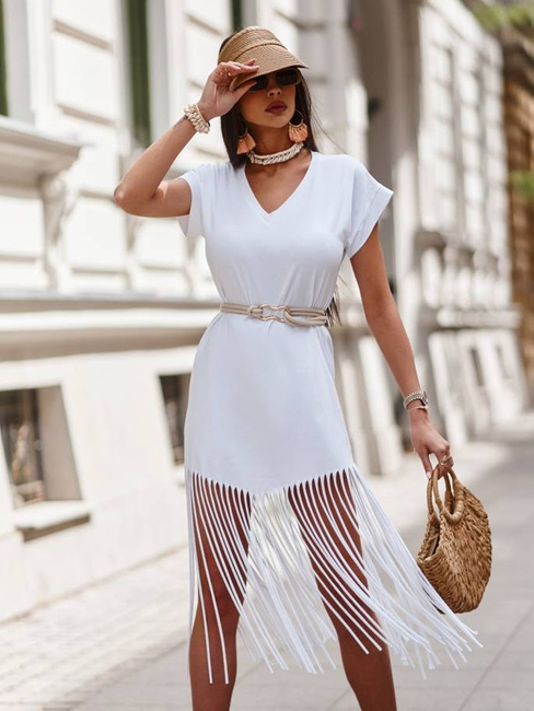 Sukienka COCOMORE letnia damska z frędzlami biała na plażę plażowa frędzle