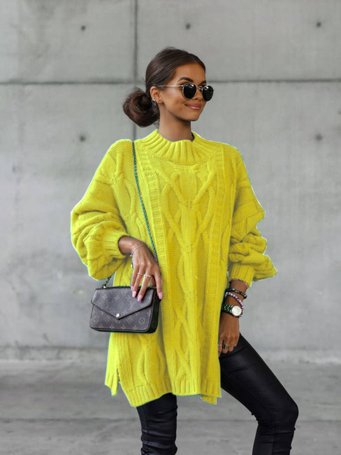 Luźny długi sweter Cocomore oversize z rozcięciem żółty