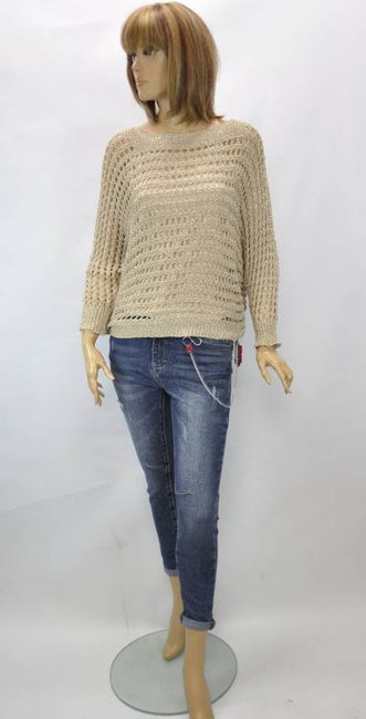 Import włoski damski ażurowy letni sweter z długim rękawem i kokardą z tyłu złota nitka