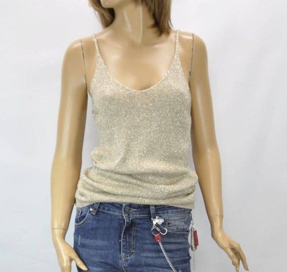 Import włoska damska letnia bluzka Elegancki top na cienkich ramiączkach ze złotą nitką