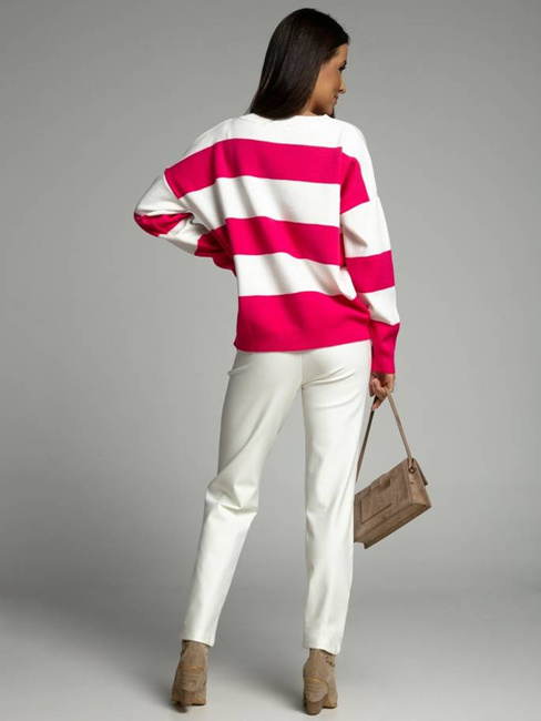 Sweter Cocomore dwukolorowy w szerokie pasy biało różowe