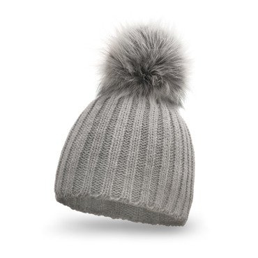 Mikos Polska klasyczna ciepła Damska czapka zimowa na ferie na narty polski producent polski produkt w prążki z dużym pomponem 672 szara