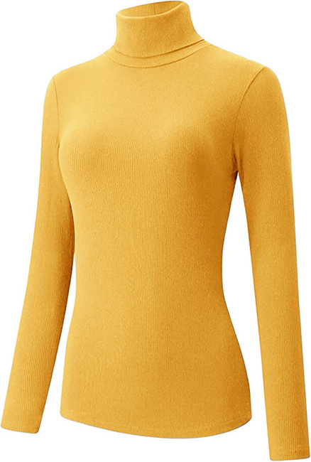 Dopasowany cienki sweter golf damski bawełniany w prążki z długim rękawem 705 musztardowy