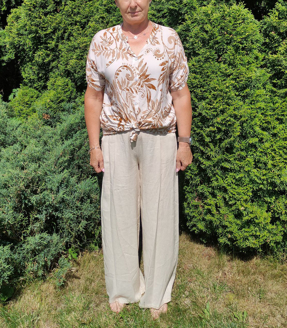 Import Włochy Moda Italia komplet bluzka + spodnie 100% bawełna zwiewne szeroka nogawka z paskiem kolor jasny beż