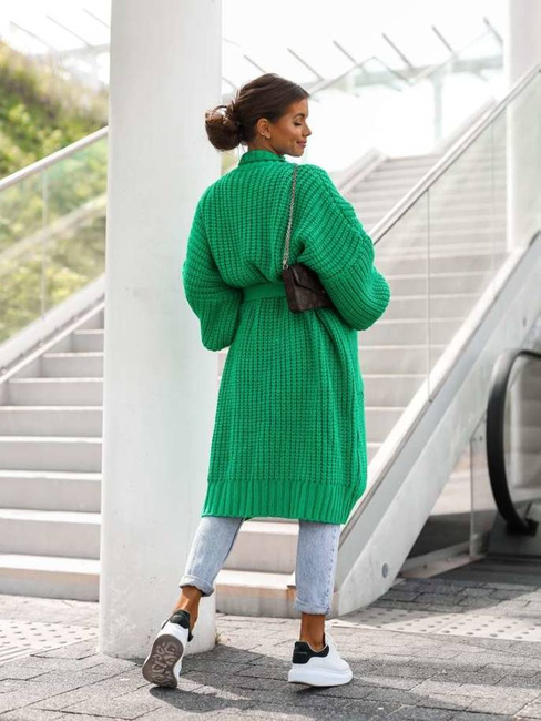 Długi sweter kardigan Cocomore wiązany paskiem zielony