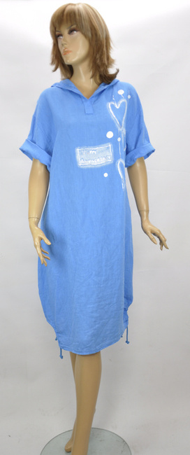 Letnia sukienka lniana z kapturem i kieszeniami niebieska