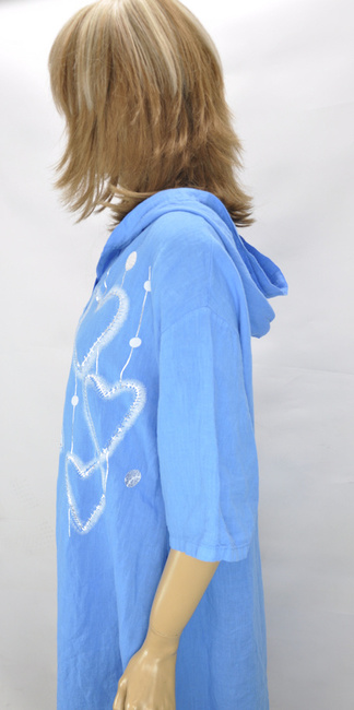 Letnia sukienka lniana z kapturem i kieszeniami niebieska