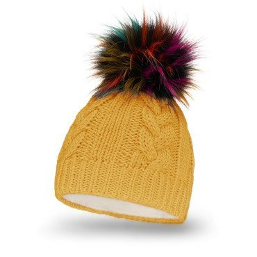 Mikos Polska ciepła Damska czapka zimowa w warkocze gruby splot podwójna podszyta polarem z dużym kolorowym pomponem na narty polski producent polski produkt HAT 684 musztardowy