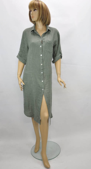 Import Włoska sukienki  damska Sukienka koszulowa zapinana na guziki z kołnierzykiem  za kolano 100% len khaki z lnu