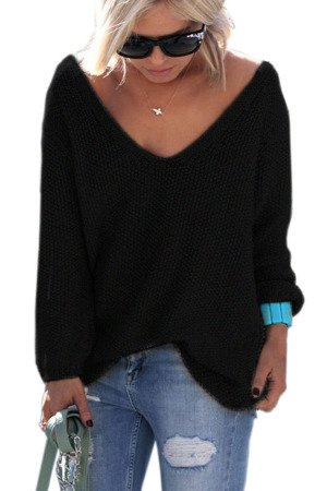 Mikos Luźny Sweter damski w serek z dużym dekoltem w kształcie litery V 617- czarny