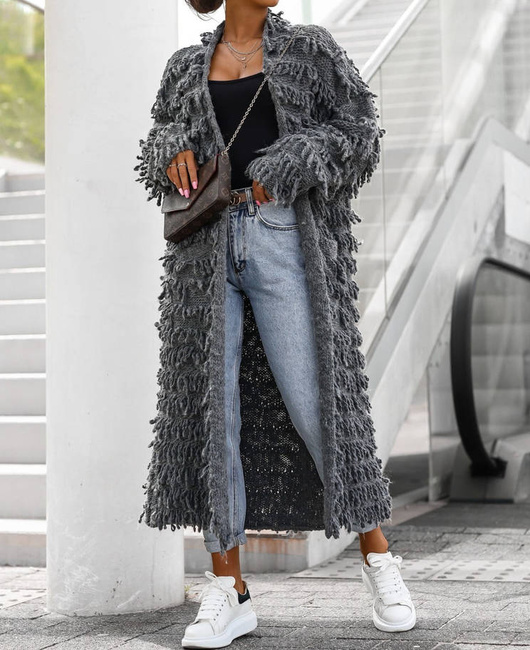 Cocomore swetry Długi sweter damski z frędzlami Cocomore ciemnoszary