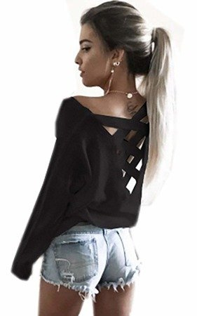 MIKOS ELEGANCKA POLSKA DAMSKA BAWEŁNIANA BLUZKA Z DEKOLTEM z tyłu w szpic i sznurowaniem DŁUGI RĘKAW 653 czarna