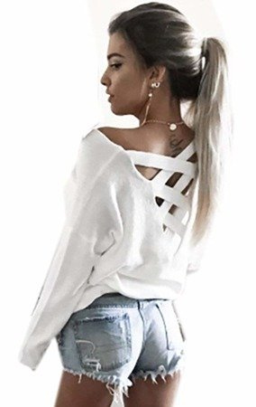 MIKOS ELEGANCKA POLSKA DAMSKA BAWEŁNIANA BLUZKA Z DEKOLTEM z tyłu w szpic i sznurowaniem DŁUGI RĘKAW 653 biały