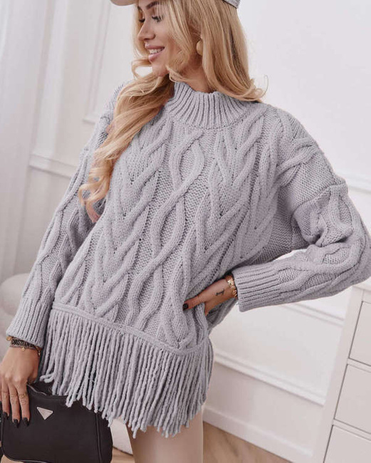 Gruby sweter Cocomore z długim rękawem i frędzlami splot warkocz szary