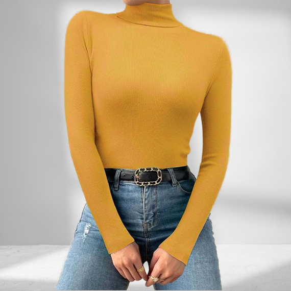 Dopasowany cienki sweter golf damski bawełniany w prążki z długim rękawem 705 musztardowy