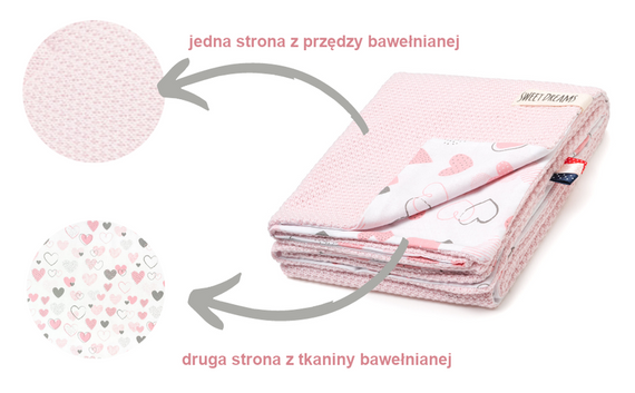Mikos Kocyk dziecięcy bawełniany dwustronny dzianinowy cienki na lato do wózka łóżeczka do przedszkola niemowlęcy tkany wafelkowy z wypełnieniem 1041 róż/serca