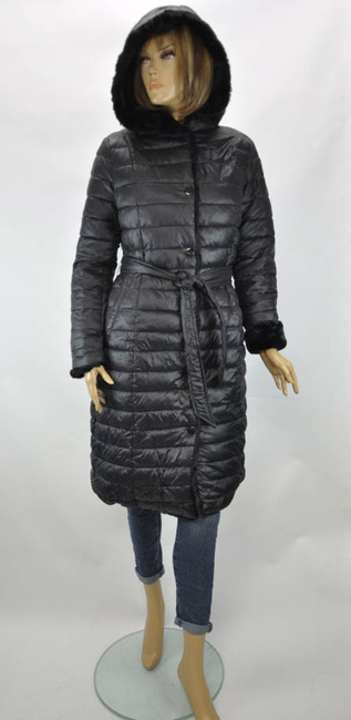 Import Włochy długa pikowana kurtka zimowa damska z kapturem czarna