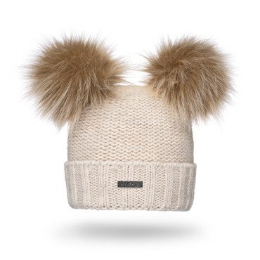 Mikos  Polska klasyczna ciepła Damska czapka zimowa gruby splot wełna podwójna podszyta polarem z dwoma dużymi pomponami polski producent polski produkt 689 beżowa