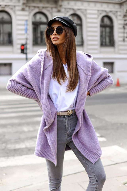 Sweter kardigan Me Gusta z kapturem wrzosowy