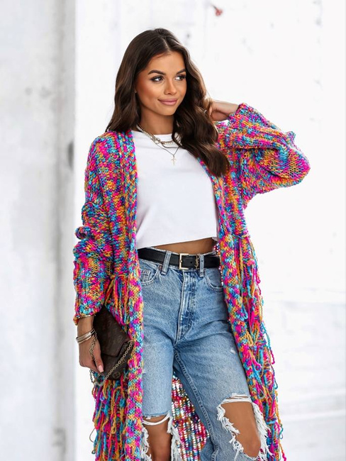 Cocomore swetry Długi kardigan sweter damski z frędzlami do połowy multikolor