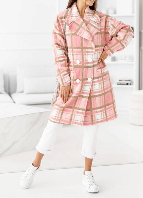 Cocomore płaszcz różowy w kratkę dwurzędowy