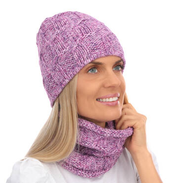 Mikos ciepły komplet damski czapka zimowa podszyta polarem komin szalik tuba tunel polski produkt polski producent 686 fiolet melanż