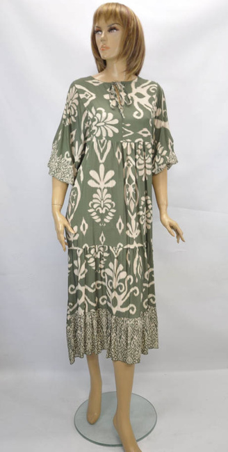 Import włoska długa sukienka letnia wiązany dekolt zielona/beż