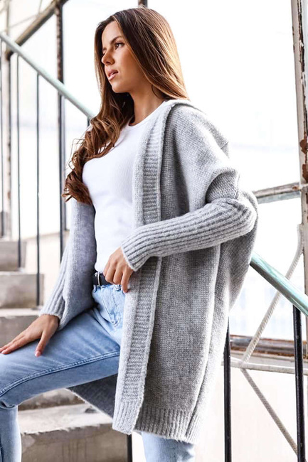 Sweter kardigan Me Gusta z kapturem szary