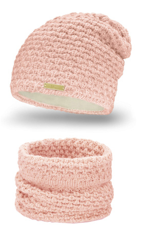 Mikos ciepły komplet damski czapka zimowa podszyta polarem komin szalik tuba tunel gruby na zimę na narty na ferie na wyjazd polski produkt polski producent 690 różowy