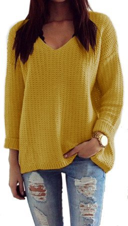 Mikos luźny sweter damski w serek V 627 musztardowy